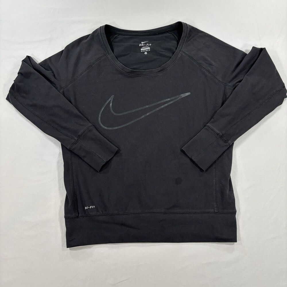 Nike Top Womens XS Black Dri-FIT Long Sleeve Scoop Neck Swoosh Logo Running Gym
